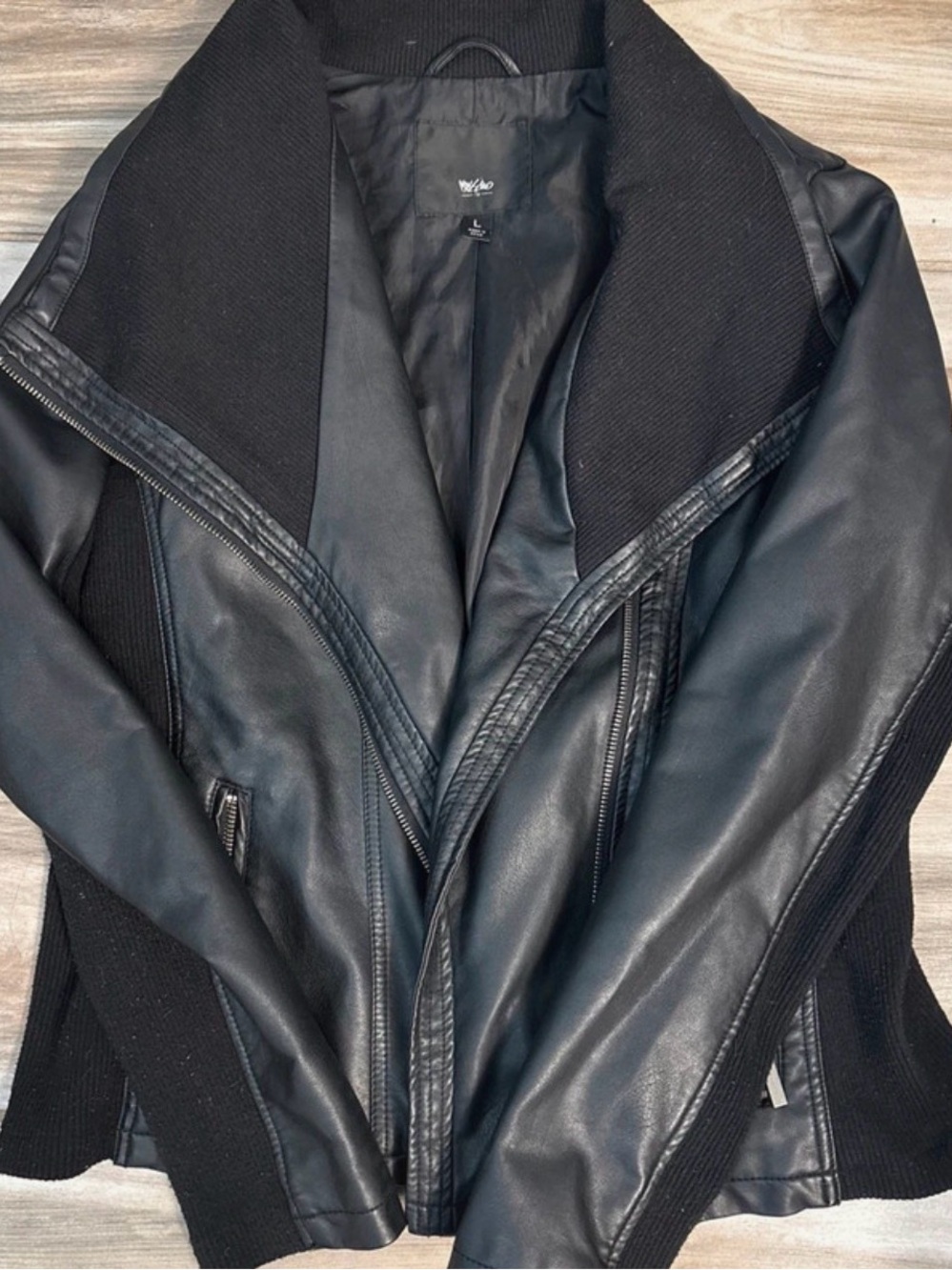 Mossimo Supply Co. Black Faux Leather Mixed-Media Moto Jacket